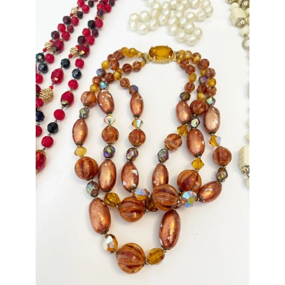 Vintage Necklace Lot Beaded Faux Pearl Amber Red Statement Retro Jewelry 4